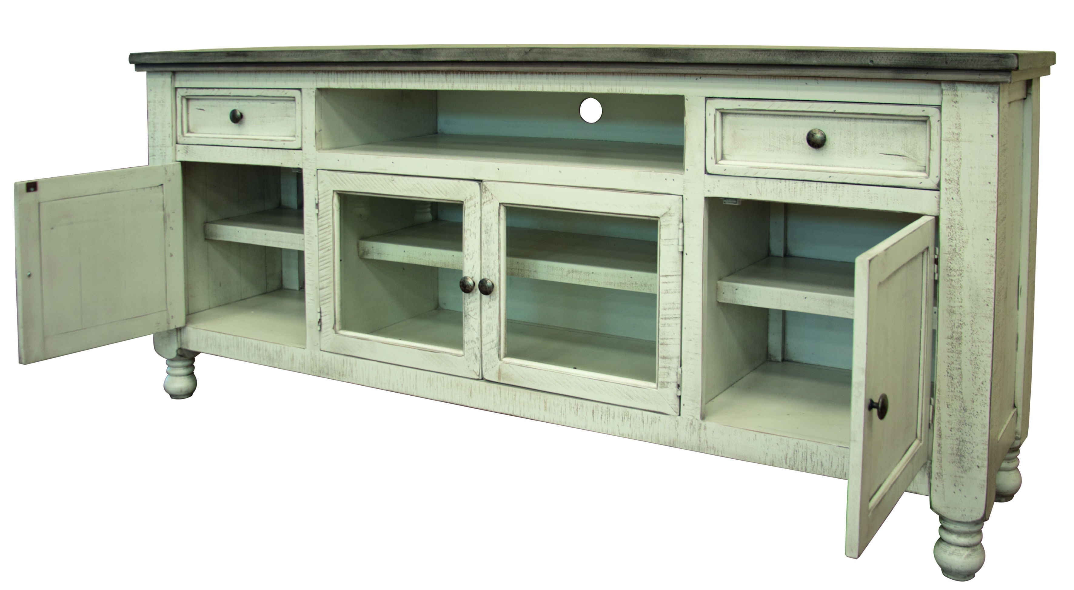 Stone TV Stand with 2 Drawers / 4 Doors – Antiqued Ivory