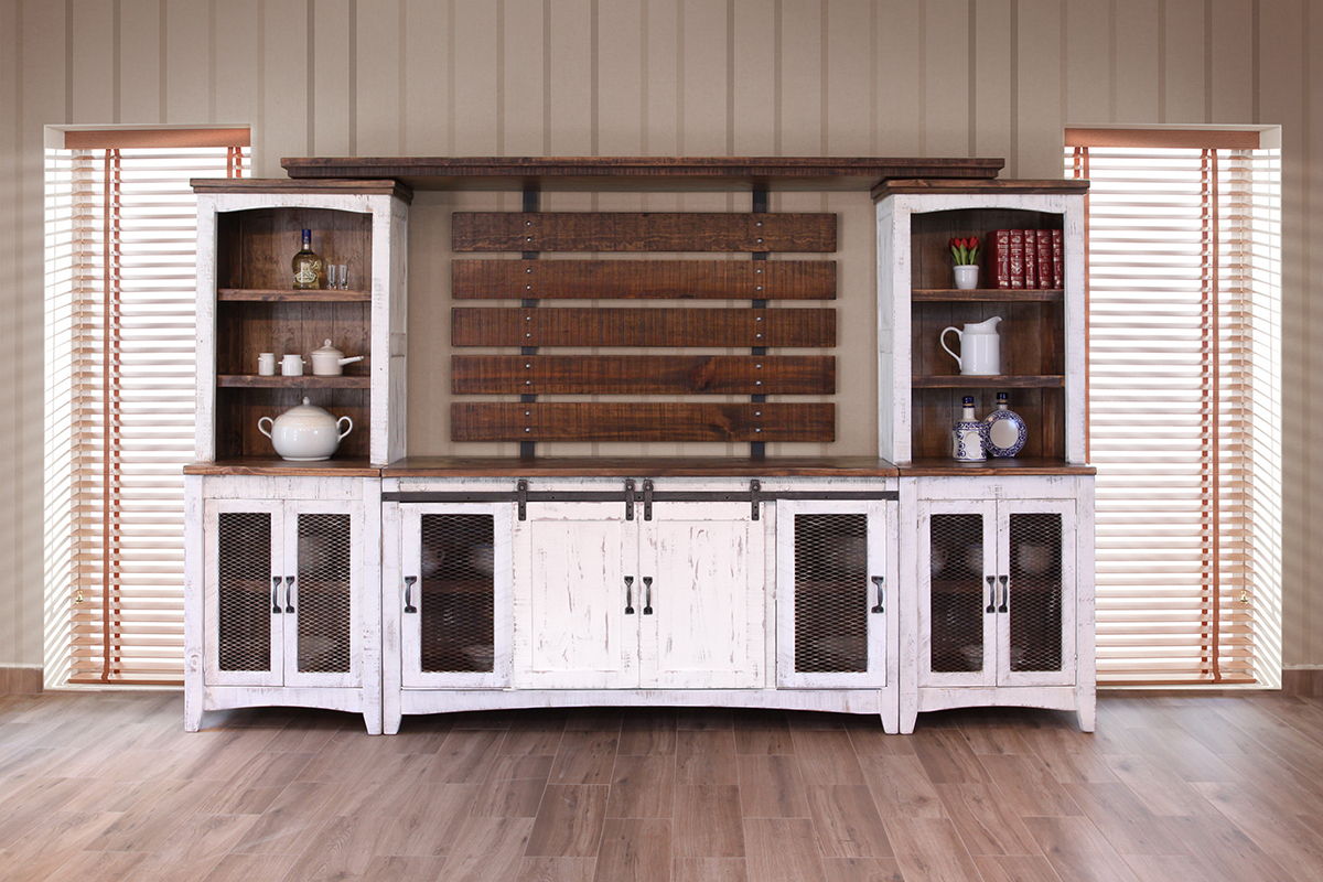 Pueblo - TV Stand / Console / Wall Unit - Antiqued White / Brown