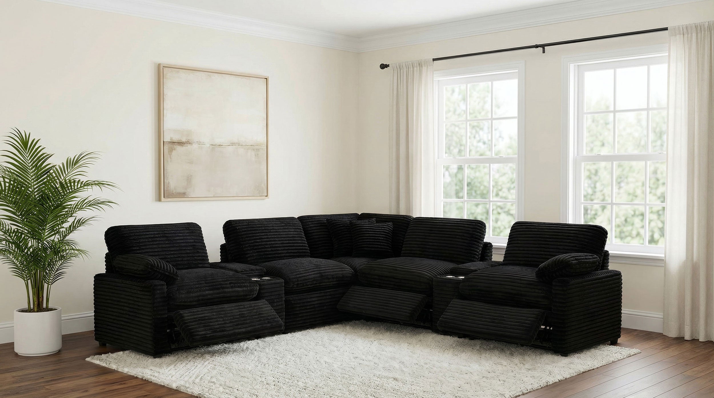 Collins Contemporary 6-Piece Modular Power Reclining Sectional Sofa in Black Corduroy Fabric