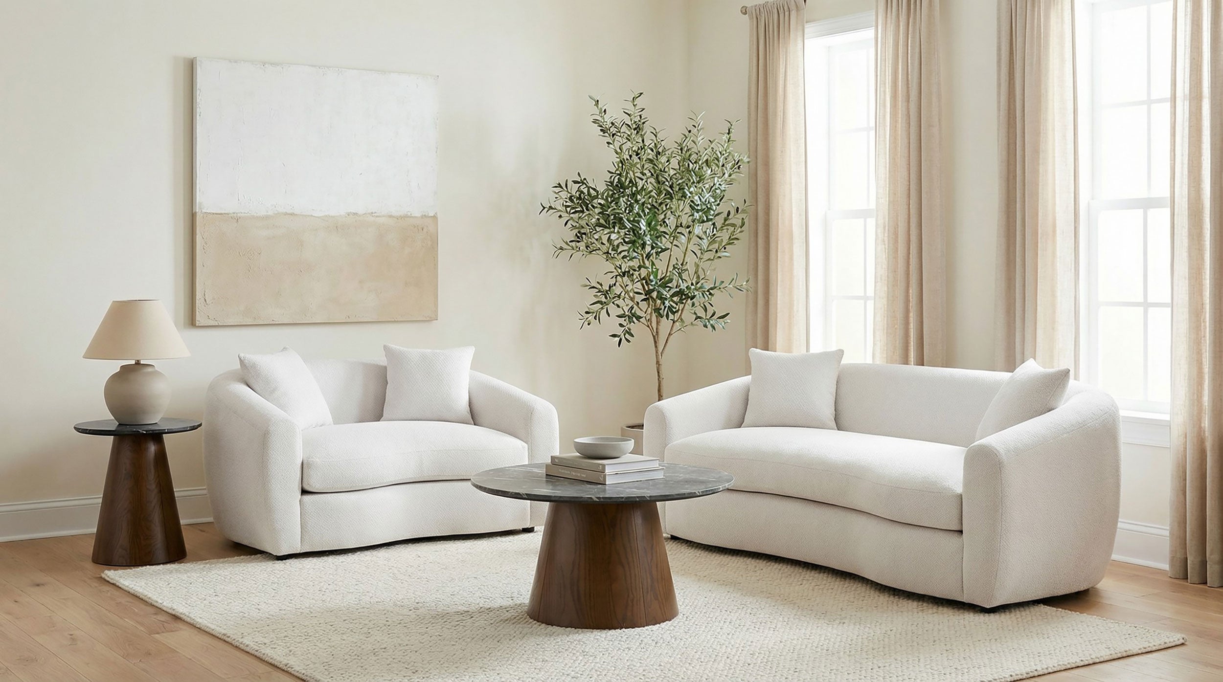 Isabella Contemporary Curved Sand Fabric Sofa with Sloped Arms