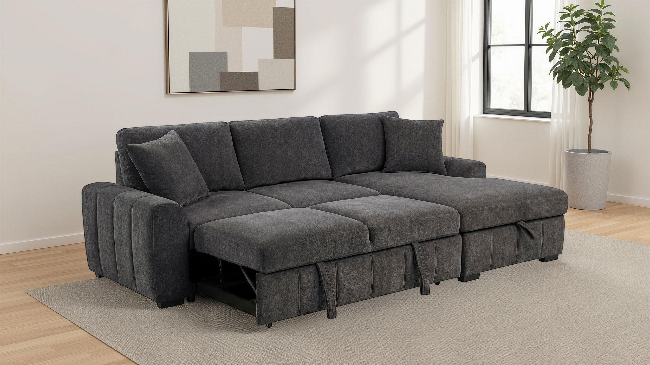 Pastrana Upholstered Sleeper Sectional Sofa – Charcoal Gray, RAF Chaise