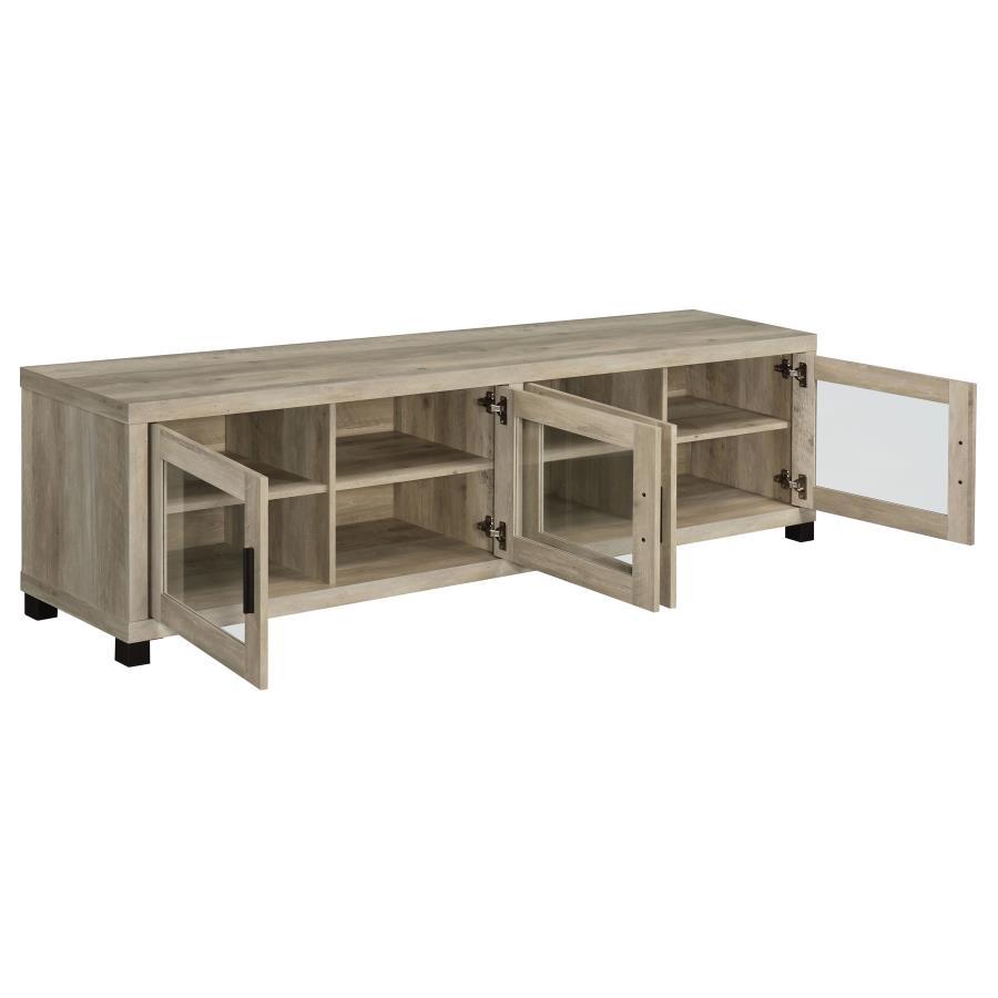 Angled view of the light wood Sachin 4-door TV stand with cabinet doors open revealing interior shelves.
