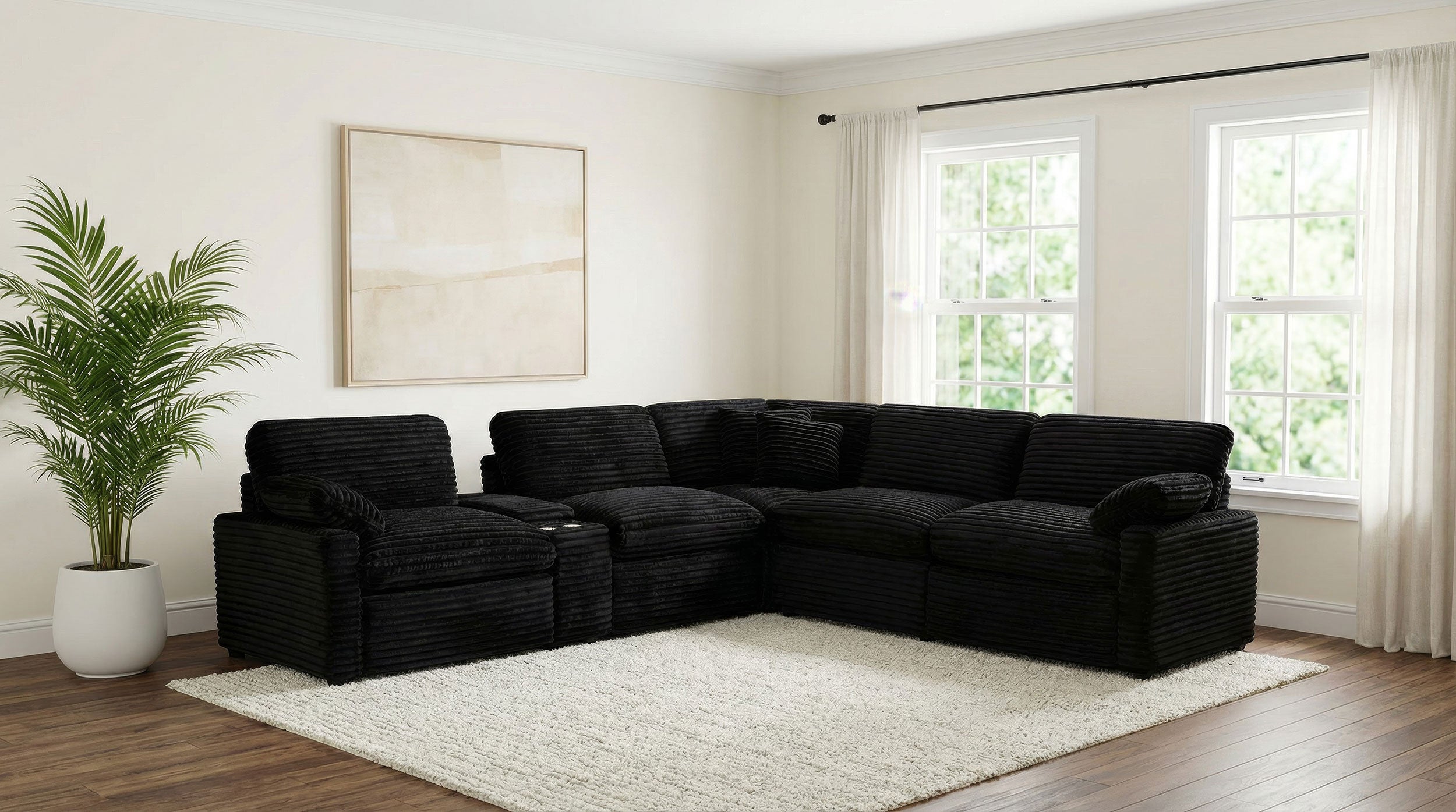 Collins Contemporary 5-Piece Modular Power Reclining Sectional Sofa in Black Corduroy Fabric