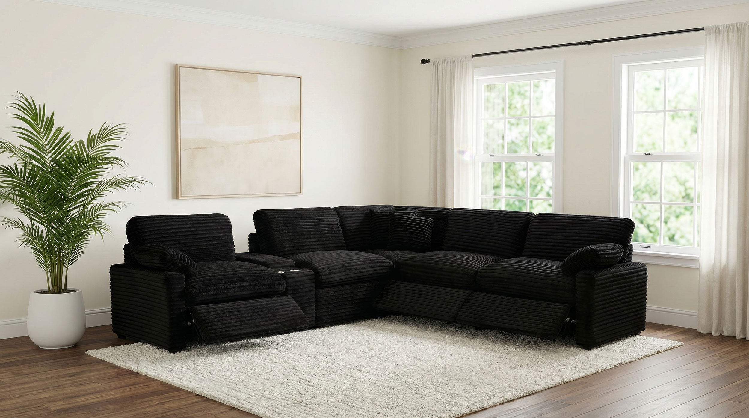 Collins Contemporary 5-Piece Modular Power Reclining Sectional Sofa in Black Corduroy Fabric