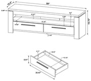Dimension and assembly diagram of Elkton TV stand showing width, height, and depth