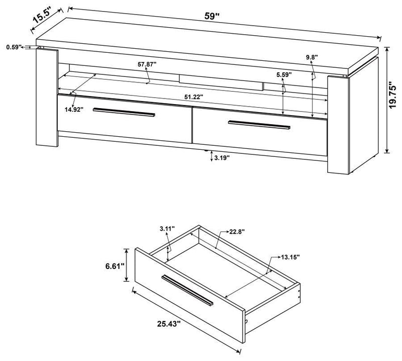 Dimension and assembly diagram of Elkton TV stand showing width, height, and depth