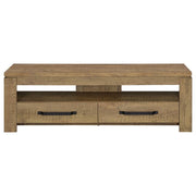 Elkton 59-inch TV stand in mango finish with two drawers and open shelf