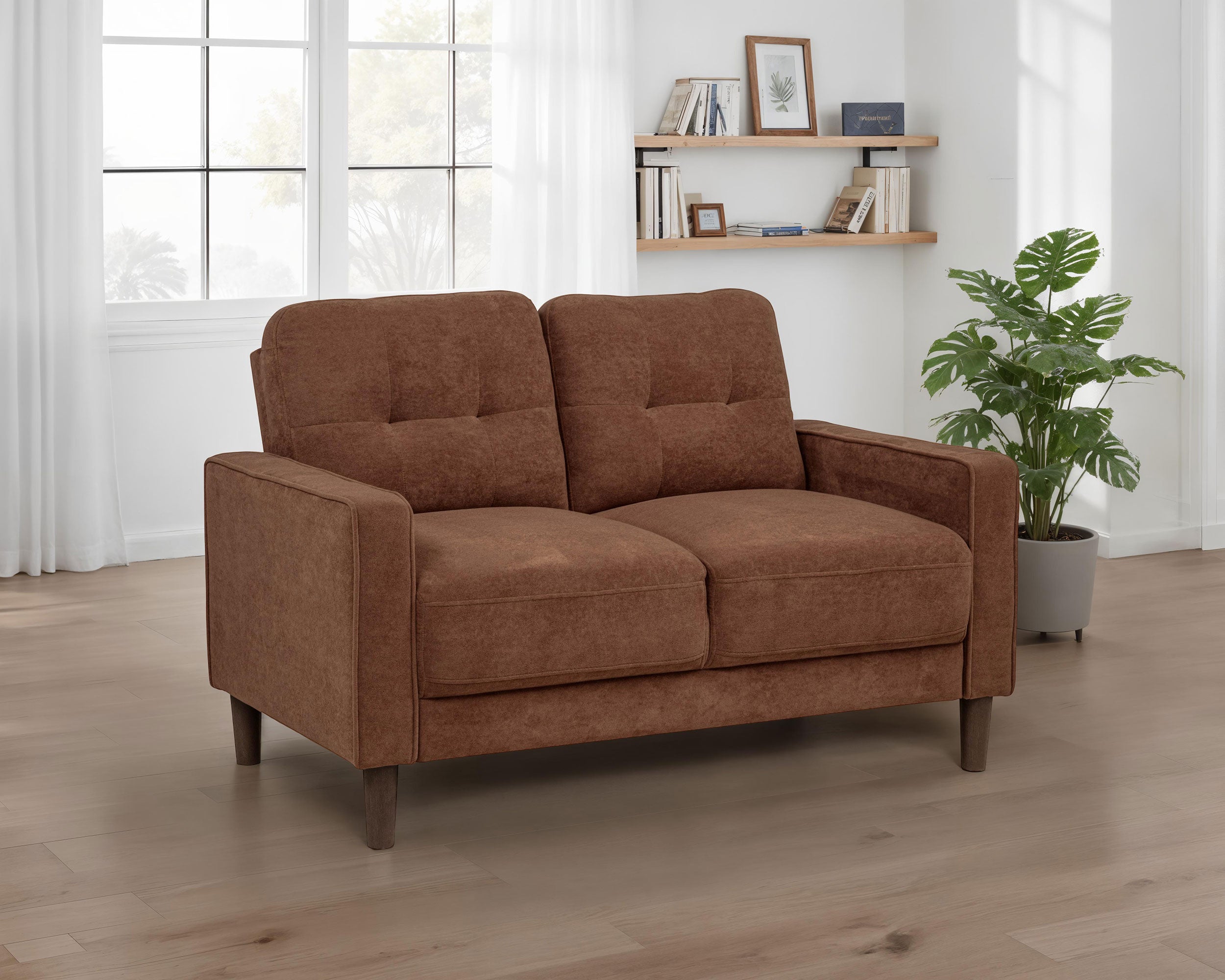 Bowen II Transitional Rust Brown Fabric Loveseat with Grid-Tufted Back Cushions
