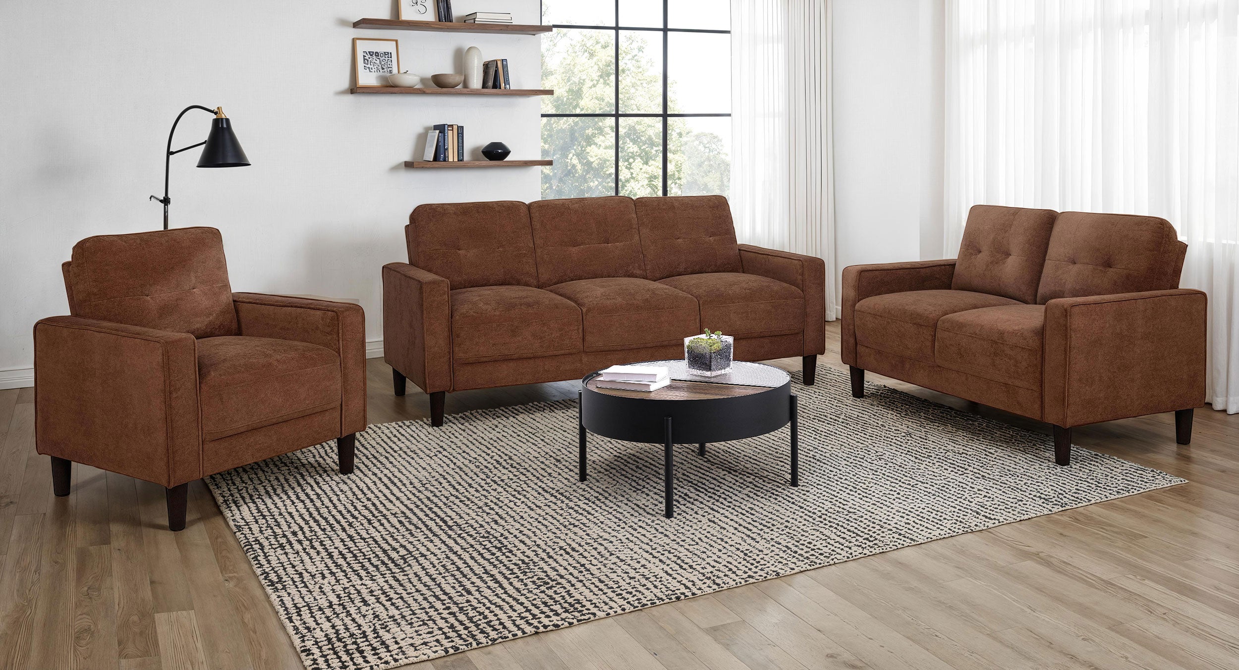 Bowen II Transitional Rust Brown Fabric Loveseat with Grid-Tufted Back Cushions