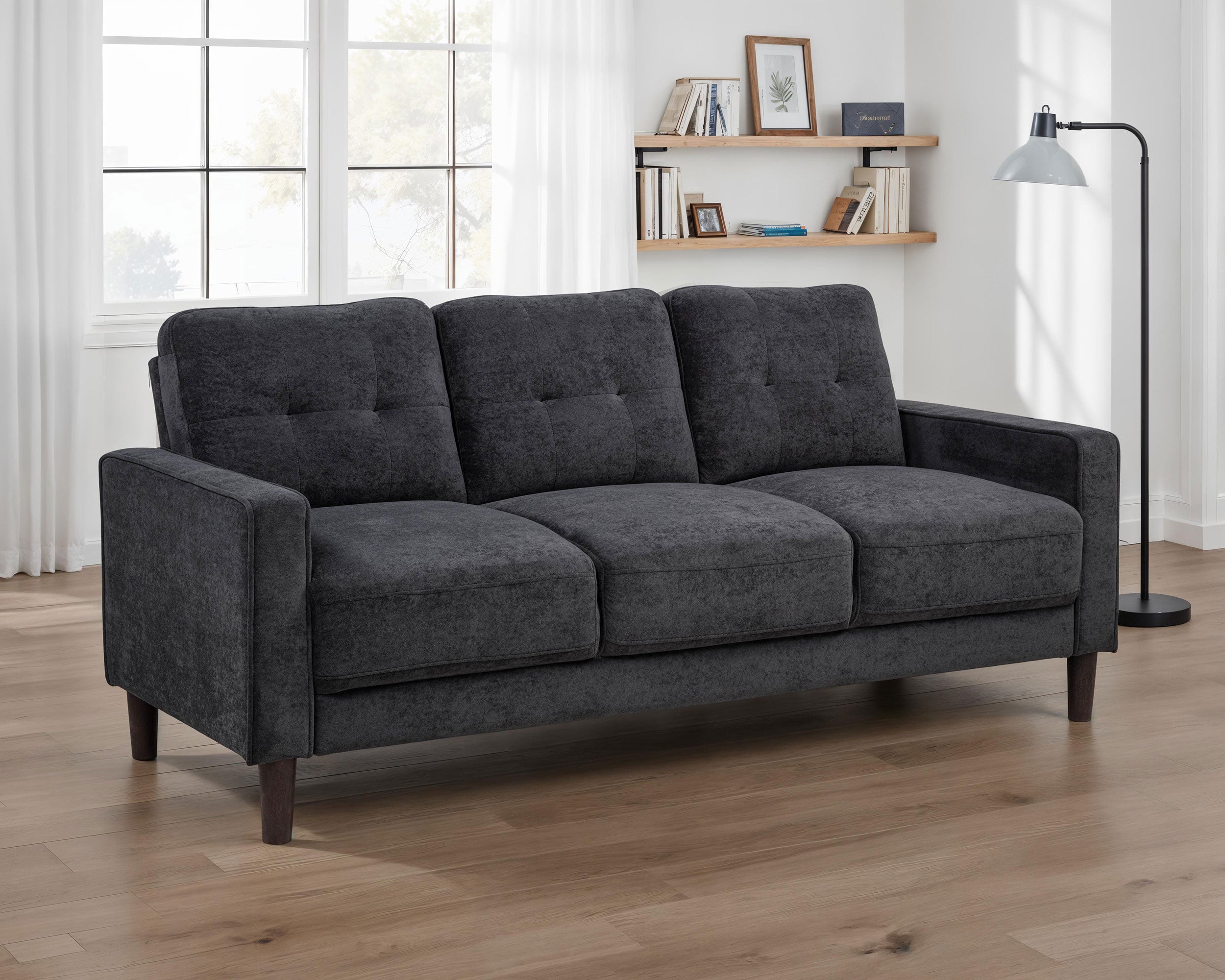 Bowen II Transitional Steel Grey Fabric Sofa with Grid-Tufted Cushions