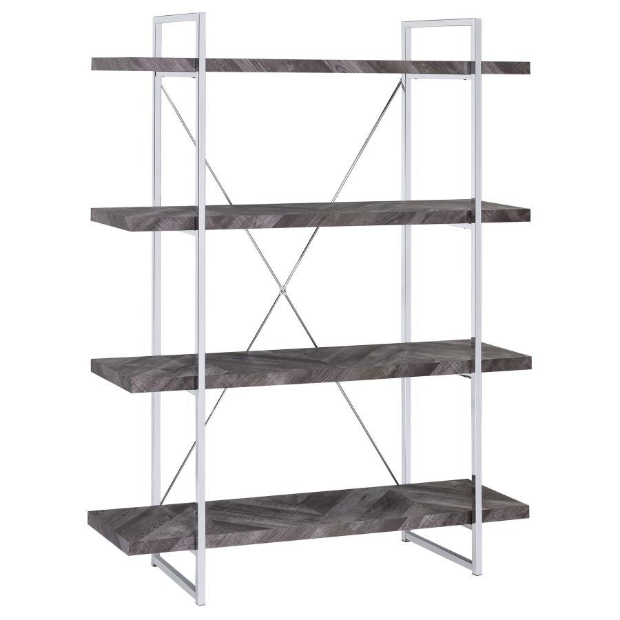 Grimma 4-Shelf Bookshelf in Rustic Gray and Chrome