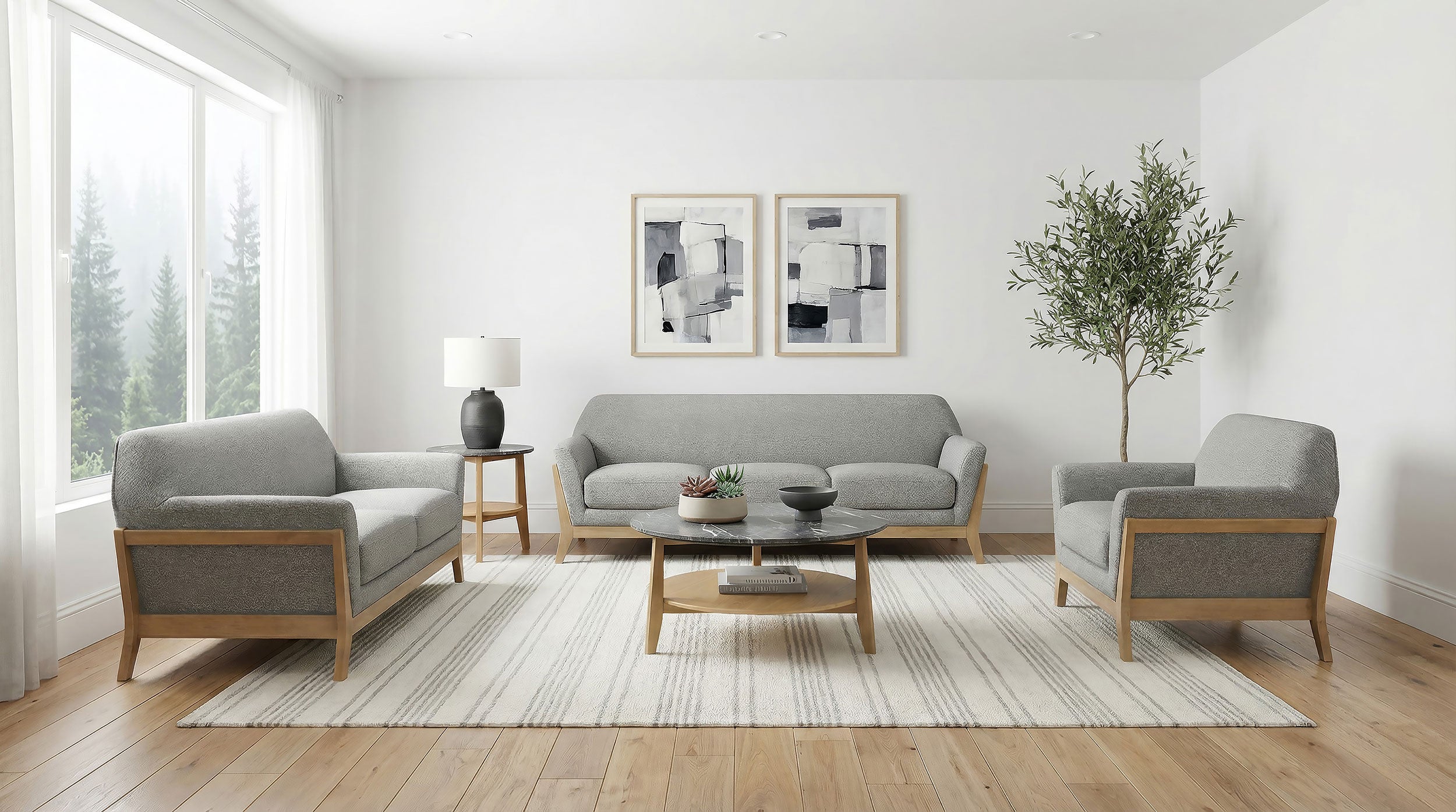 Vaughn Mid-Century Modern Grey Upholstered 3-Piece Sofa Set