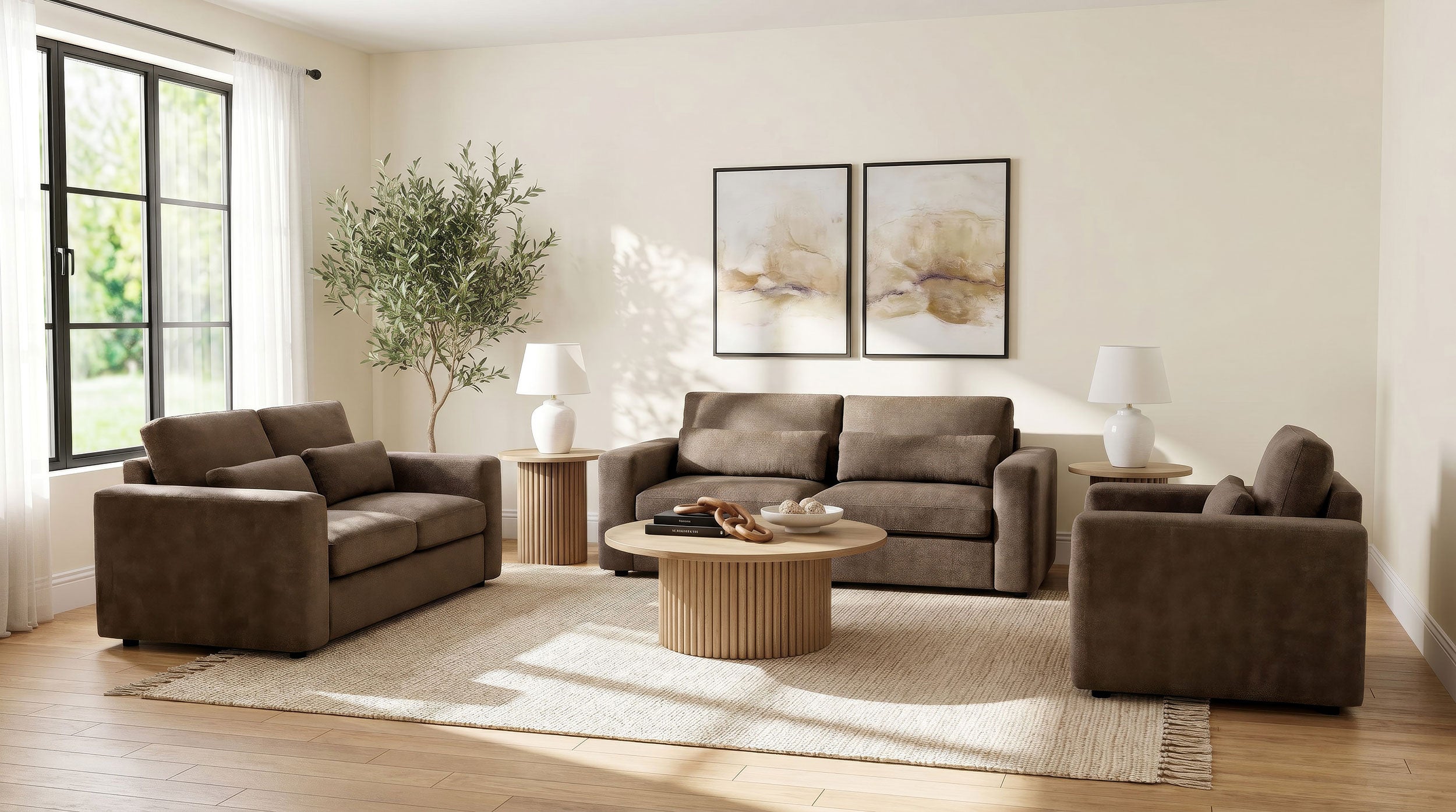 Amador Transitional Chocolate Chenille Upholstered 3-Piece Sofa Set