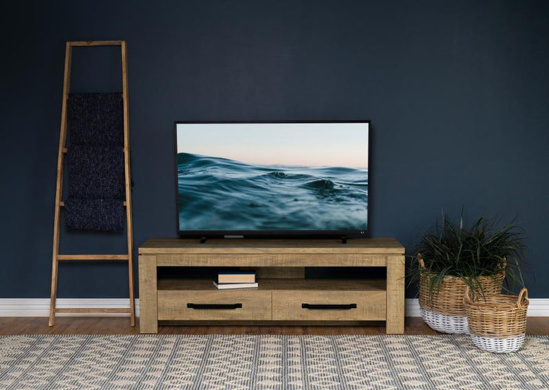Contemporary TV stand in light wood finish with drawers and open shelf in living room setting