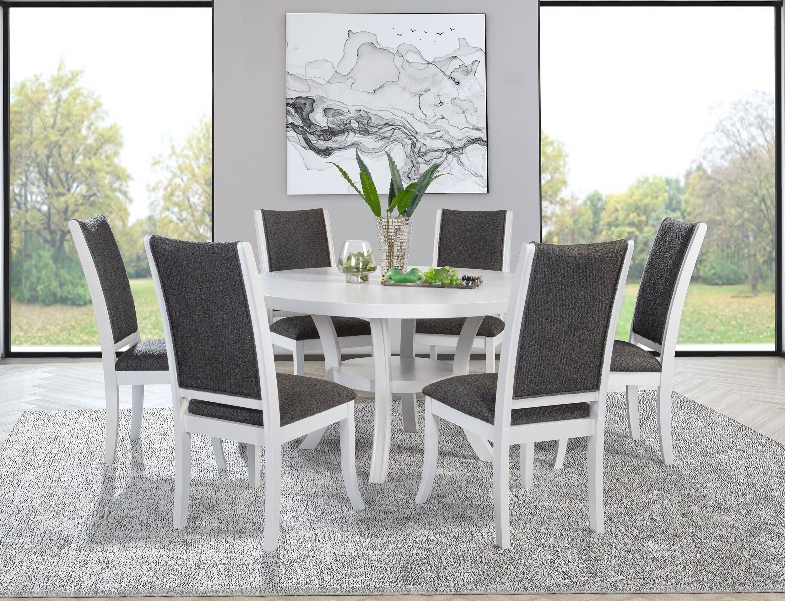 Judd Round Dining Table Set – Pearl White Table with Dark Gray