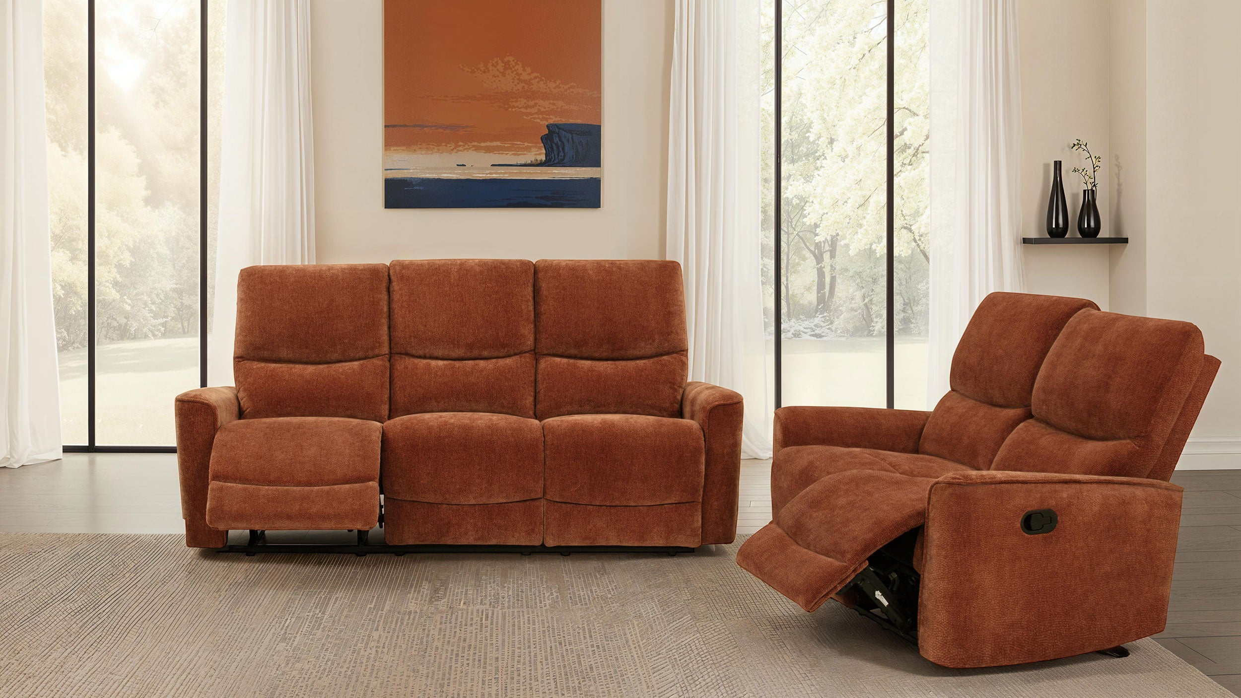 Navarro Transitional Burnt Orange Chenille Reclining 2-Piece Sofa Set