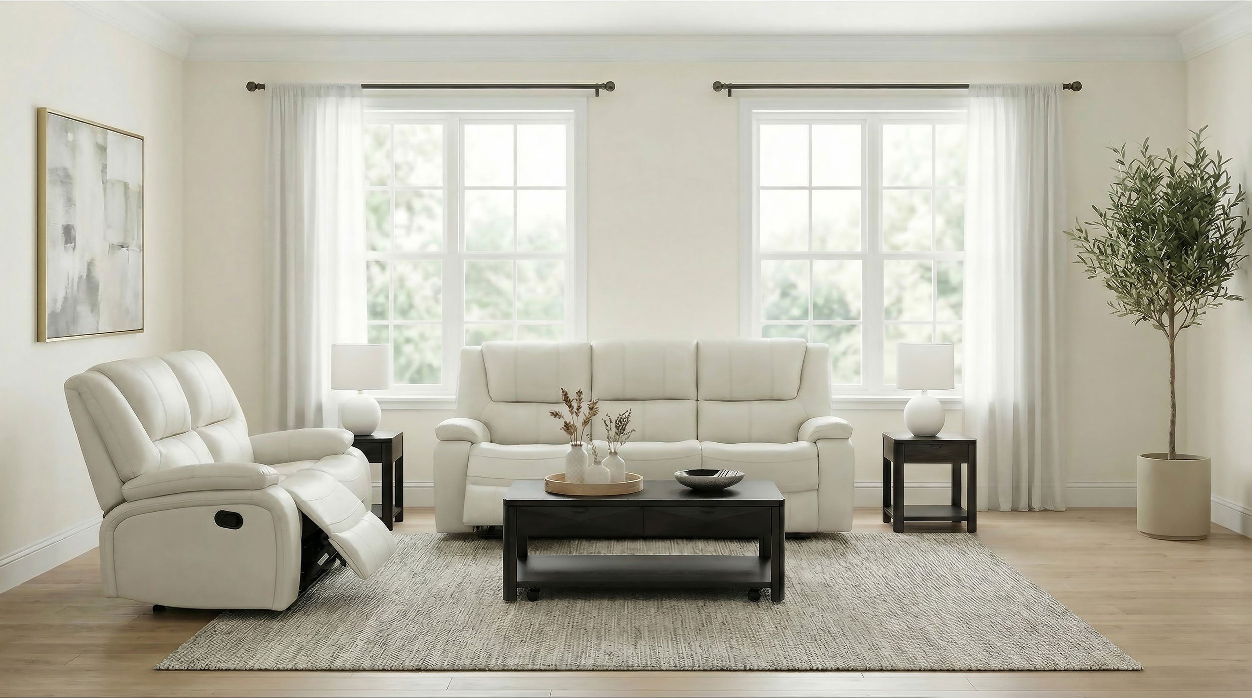 Camila Transitional White Leatherette 2-Piece Manual Reclining Sofa Set