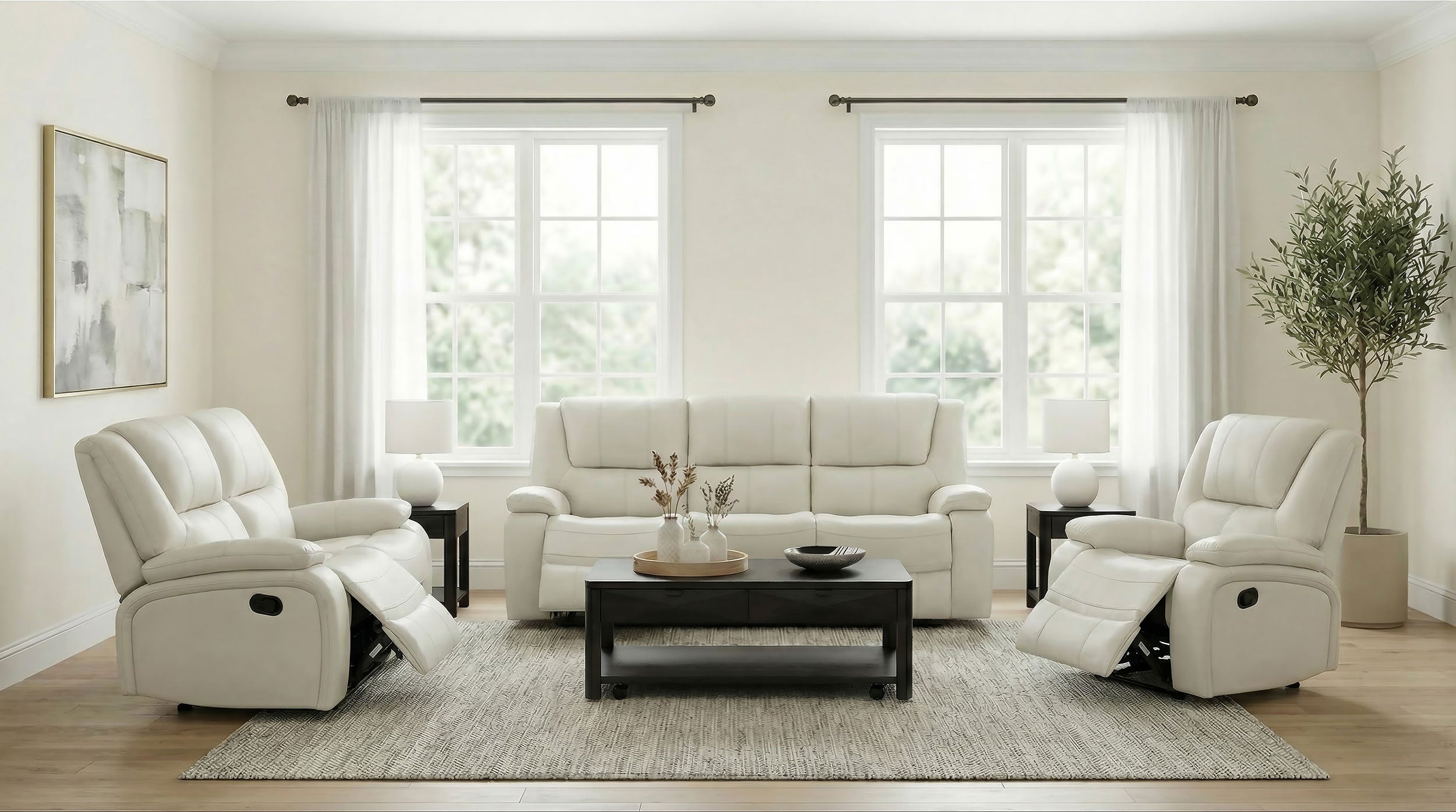 Camila Transitional White Leatherette 3-Piece Manual Reclining Sofa Set