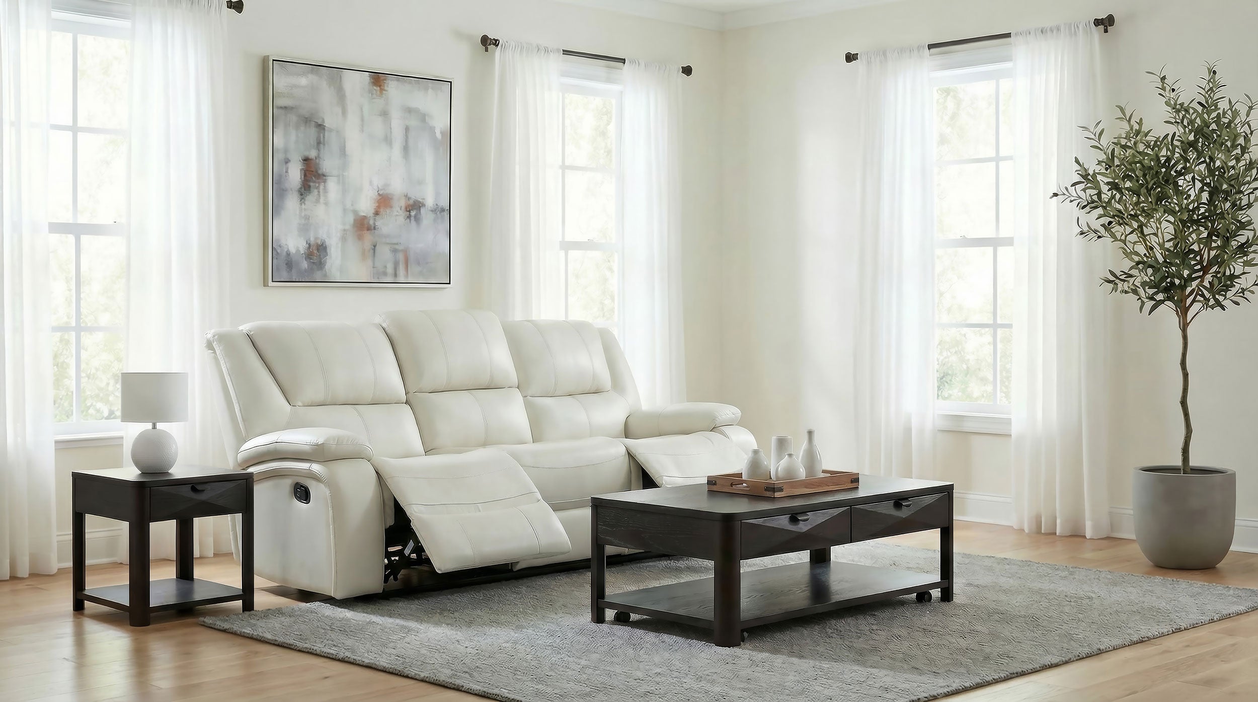 Camila Transitional White Leatherette Manual Reclining Sofa