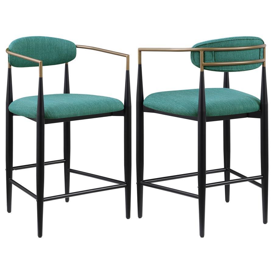 Set of 2 Green Upholstered Metal Counter Height Bar Stools