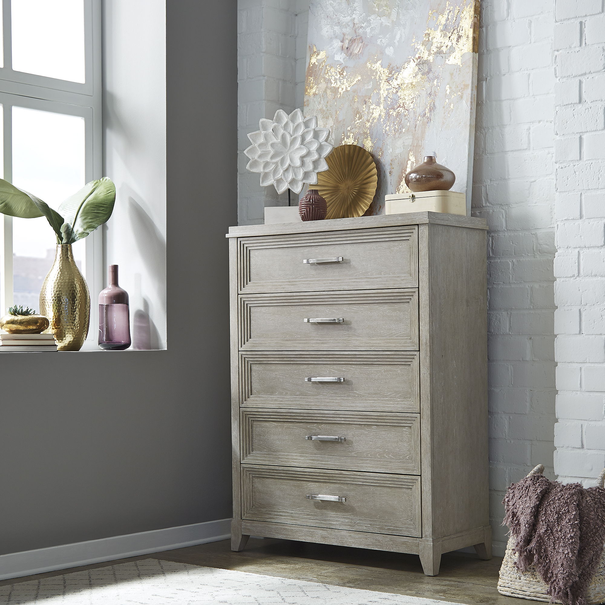 Belmar 5 Drawer Chest – Washed Taupe Finish