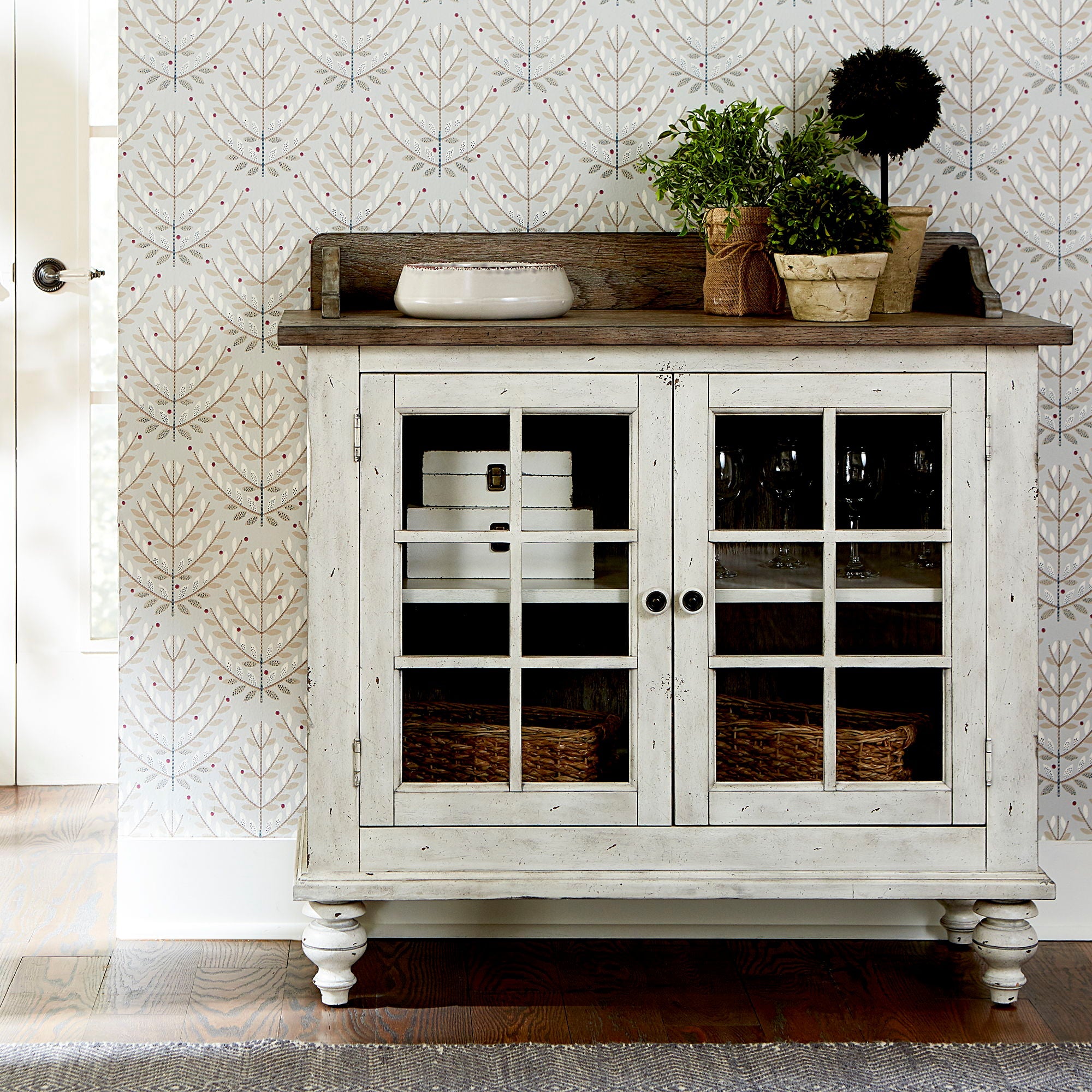 Whitney Server – White Antique Linen Buffet with Glass Doors