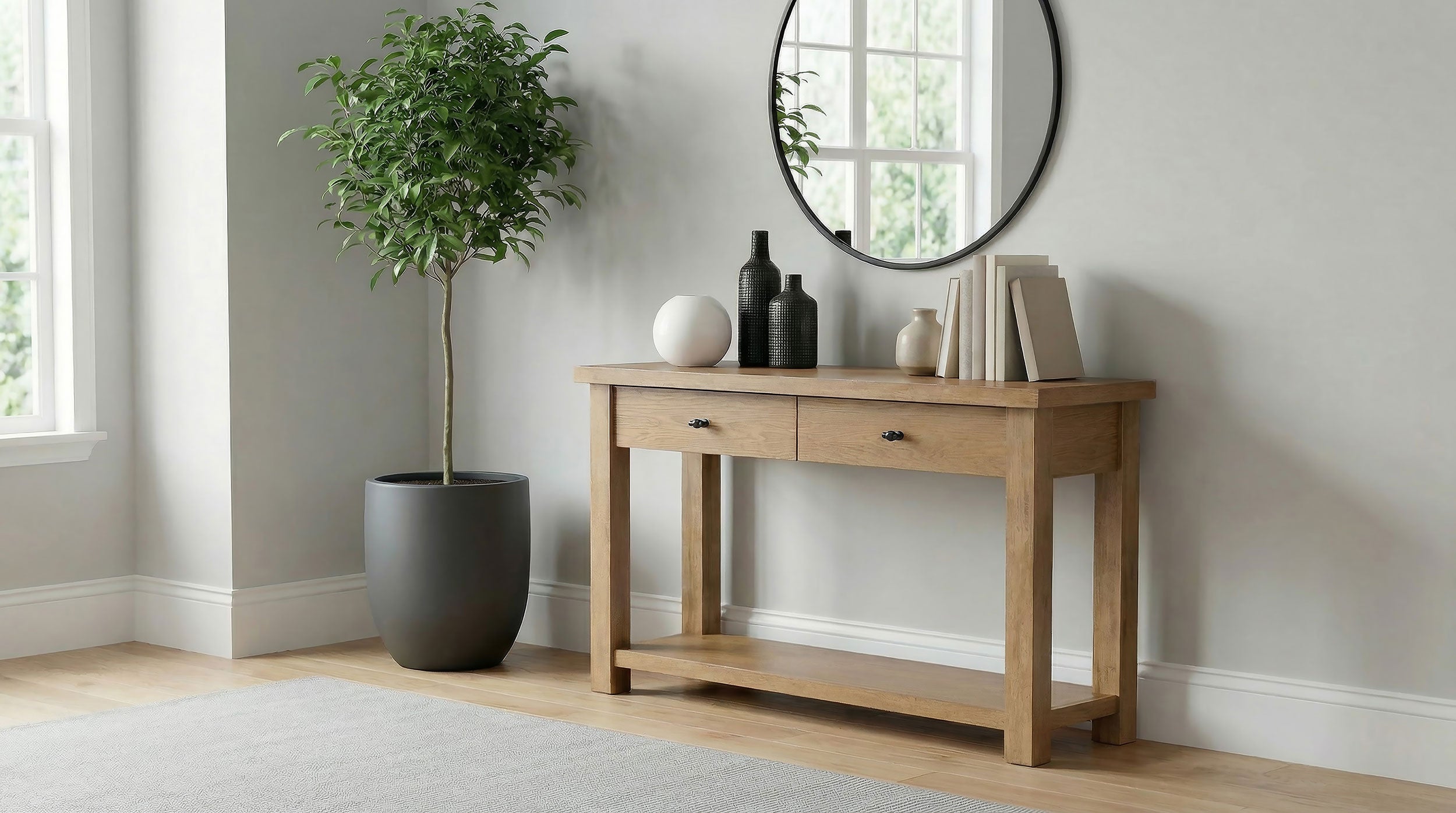 Beasley Contemporary Two-Drawer Beige Oak Sofa Console Table