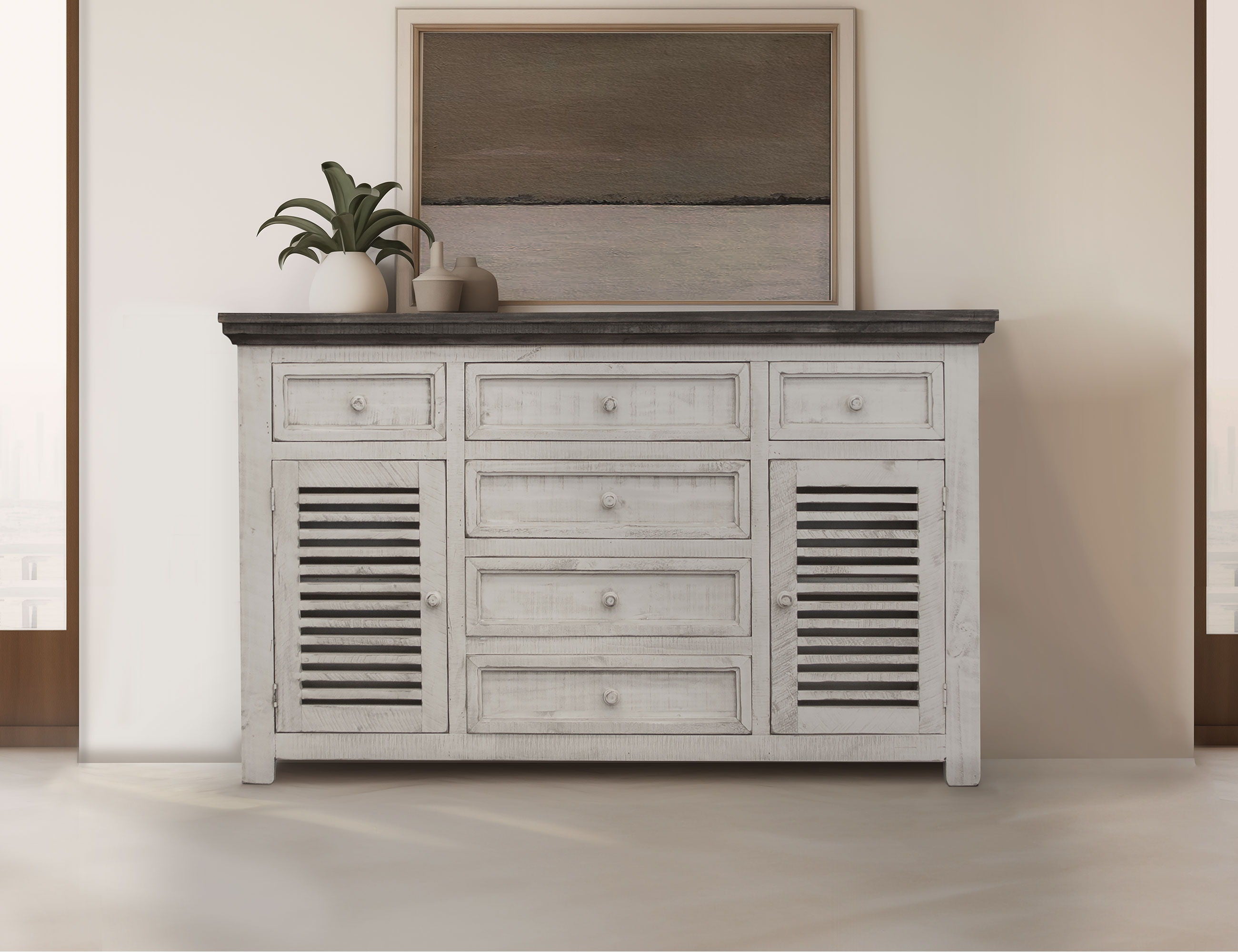 Stone -6 Drawer 2 Door Buffet - Antiqued Ivory / Weathered Gray