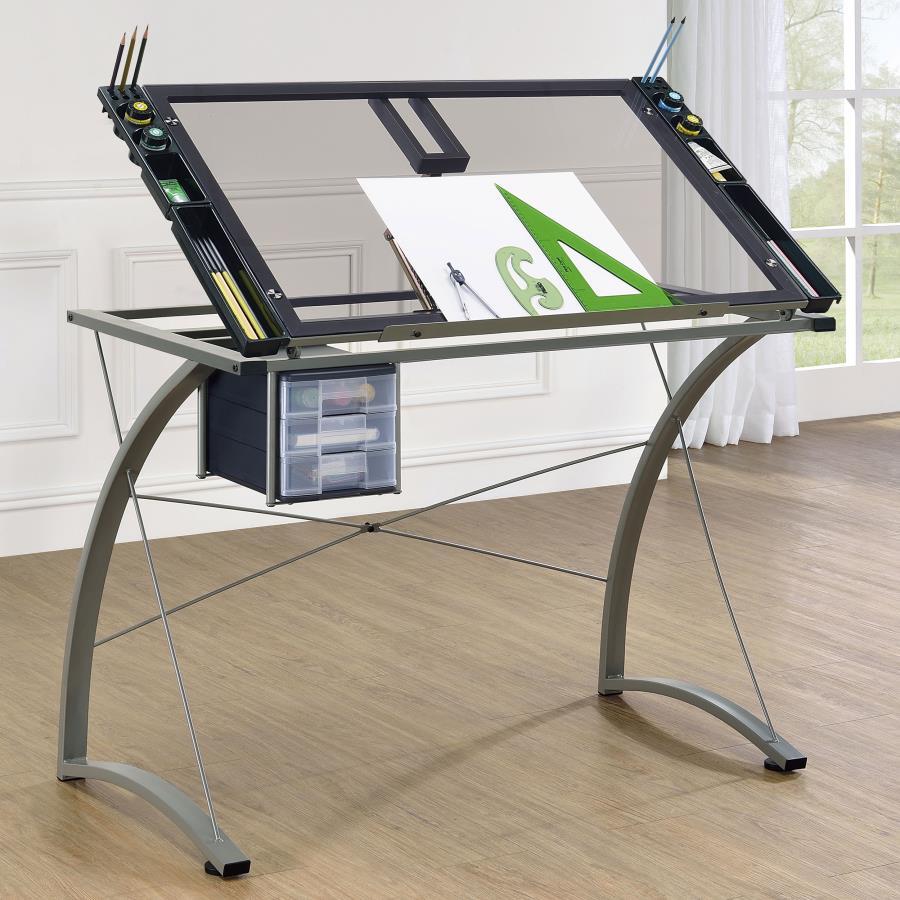 Melo Glass Top Drafting Table With Storage