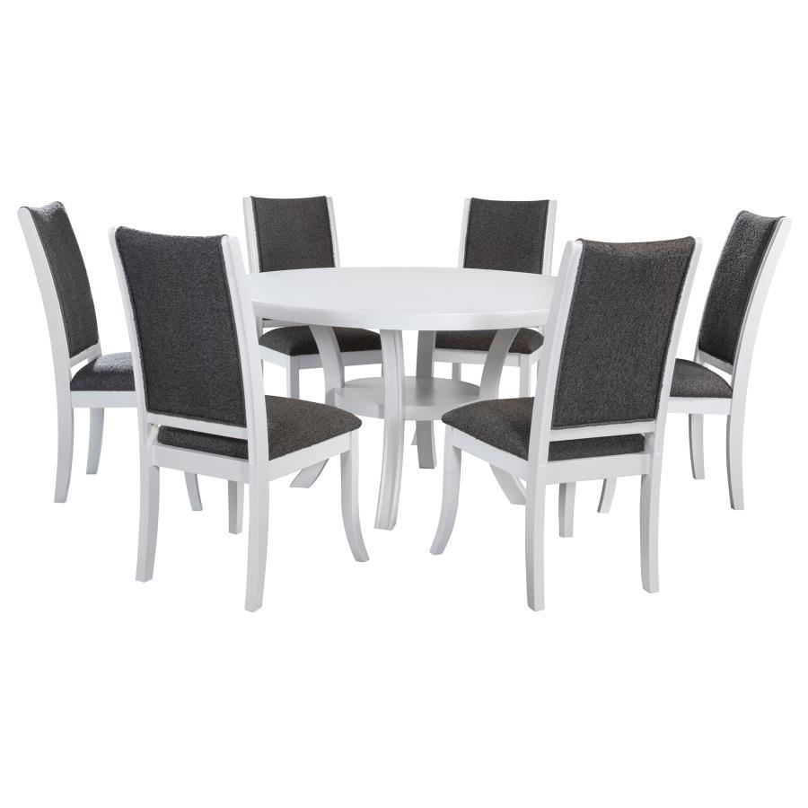 Judd Round Dining Table Set – Pearl White Table with Dark Gray