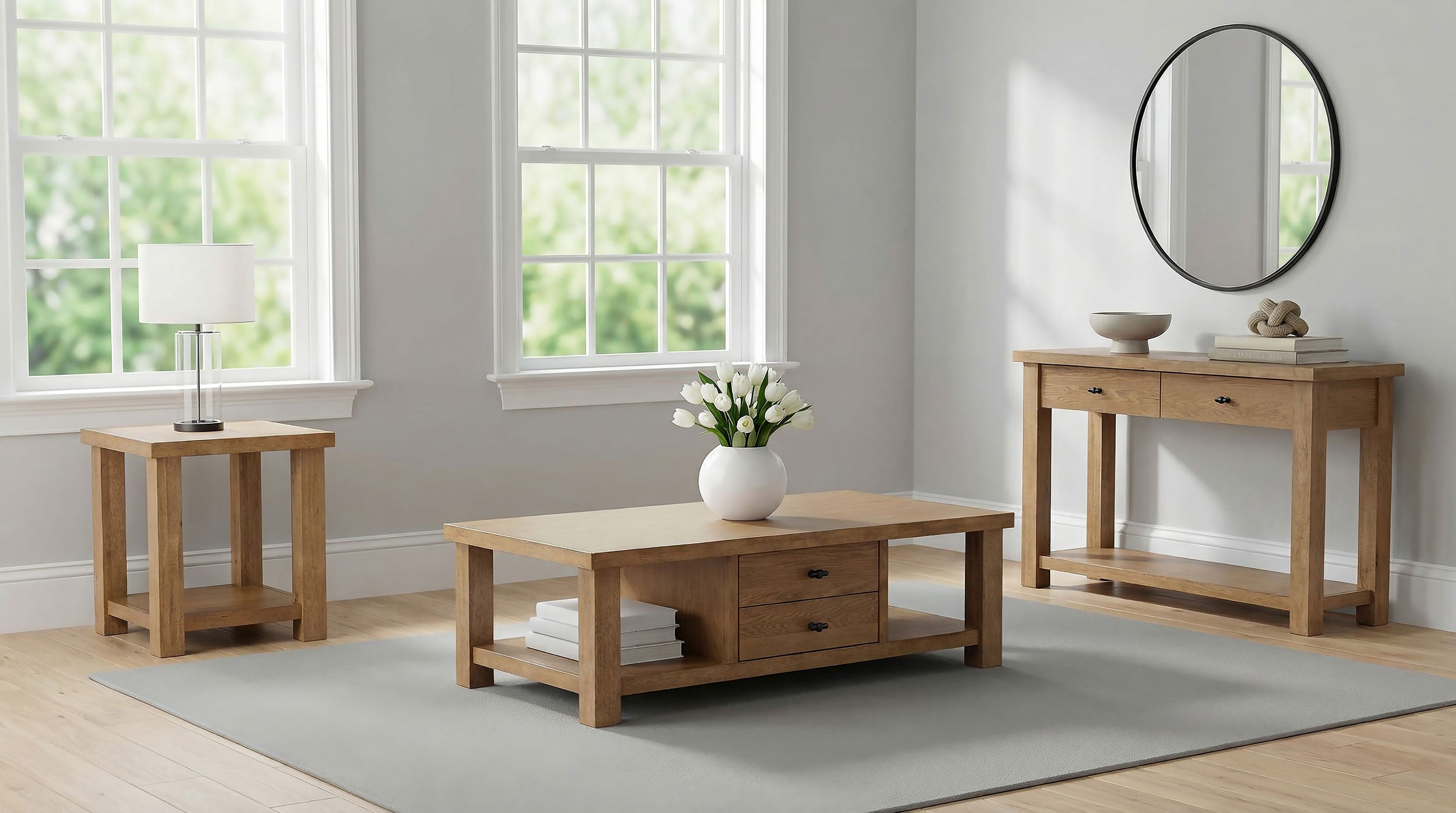 Beasley Contemporary Two-Drawer Beige Oak Sofa Console Table