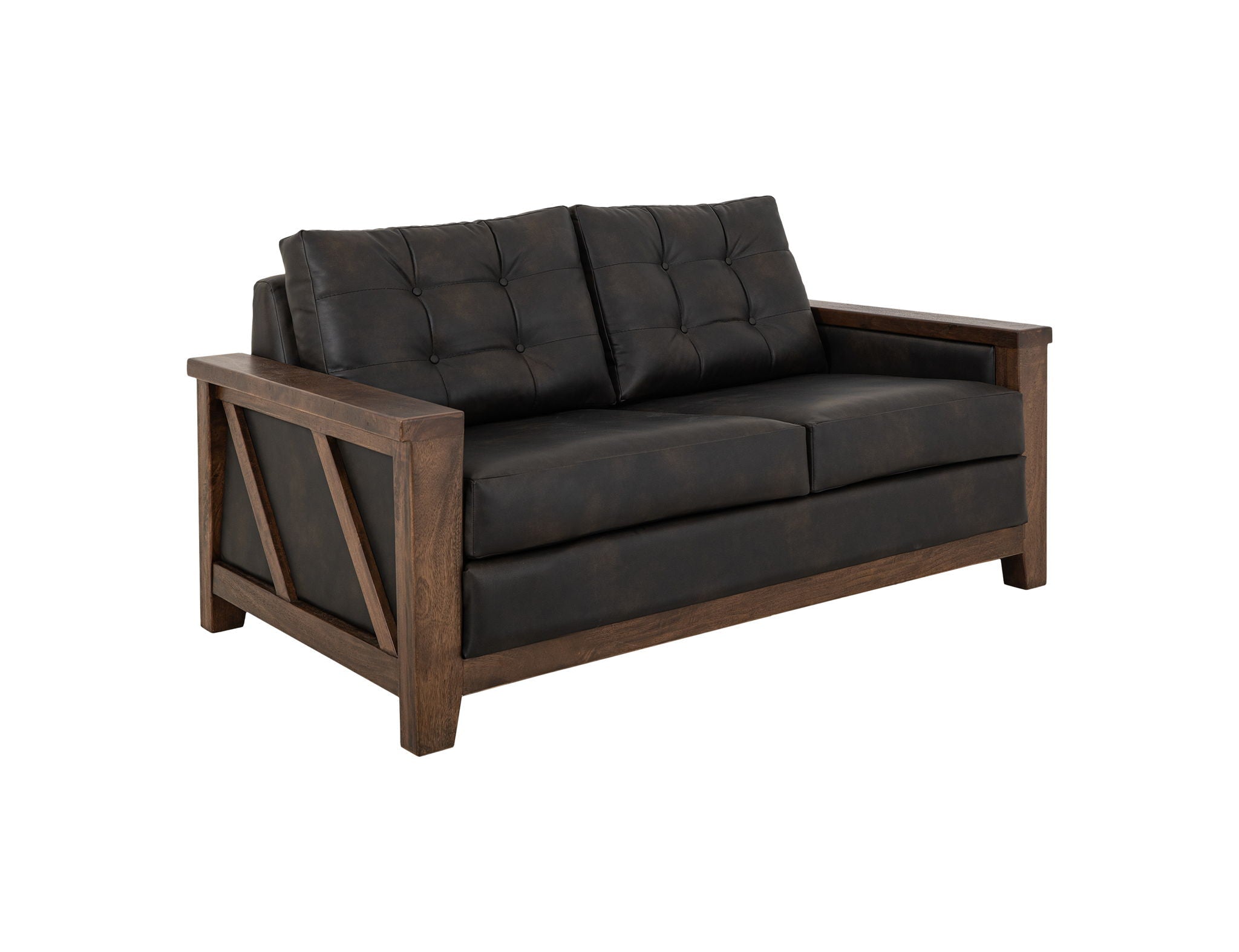 Walnut Loveseat in Licorice Black Faux Leather