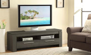 Contemporary TV stand in dark finish with drawers and open shelf in living room setting