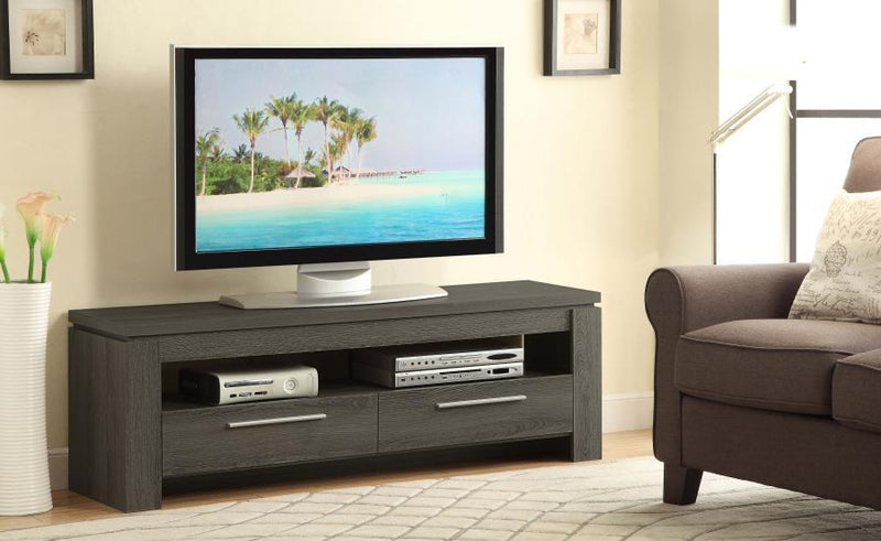 Contemporary TV stand in dark finish with drawers and open shelf in living room setting