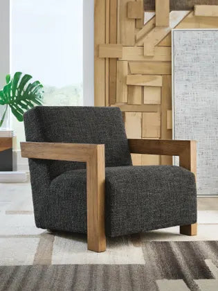 Ashley Dorney Charcoal/Brown Bouclé Accent Chair with Solid Wood Arms