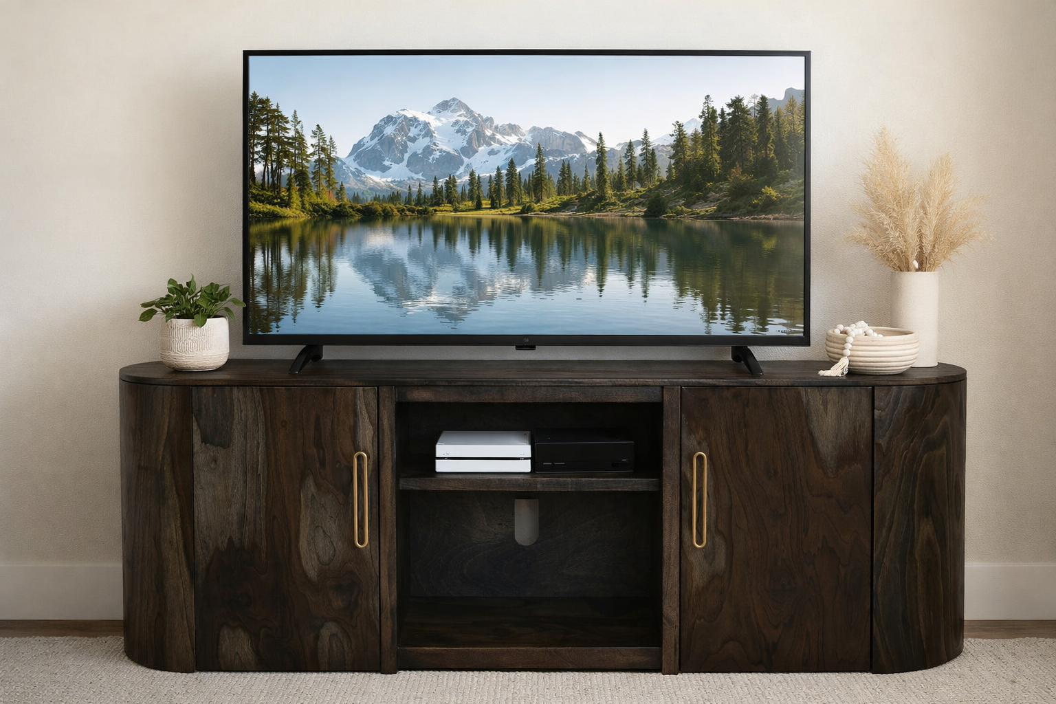 80-inch solid wood TV stand in oil black with two doors in living room setting