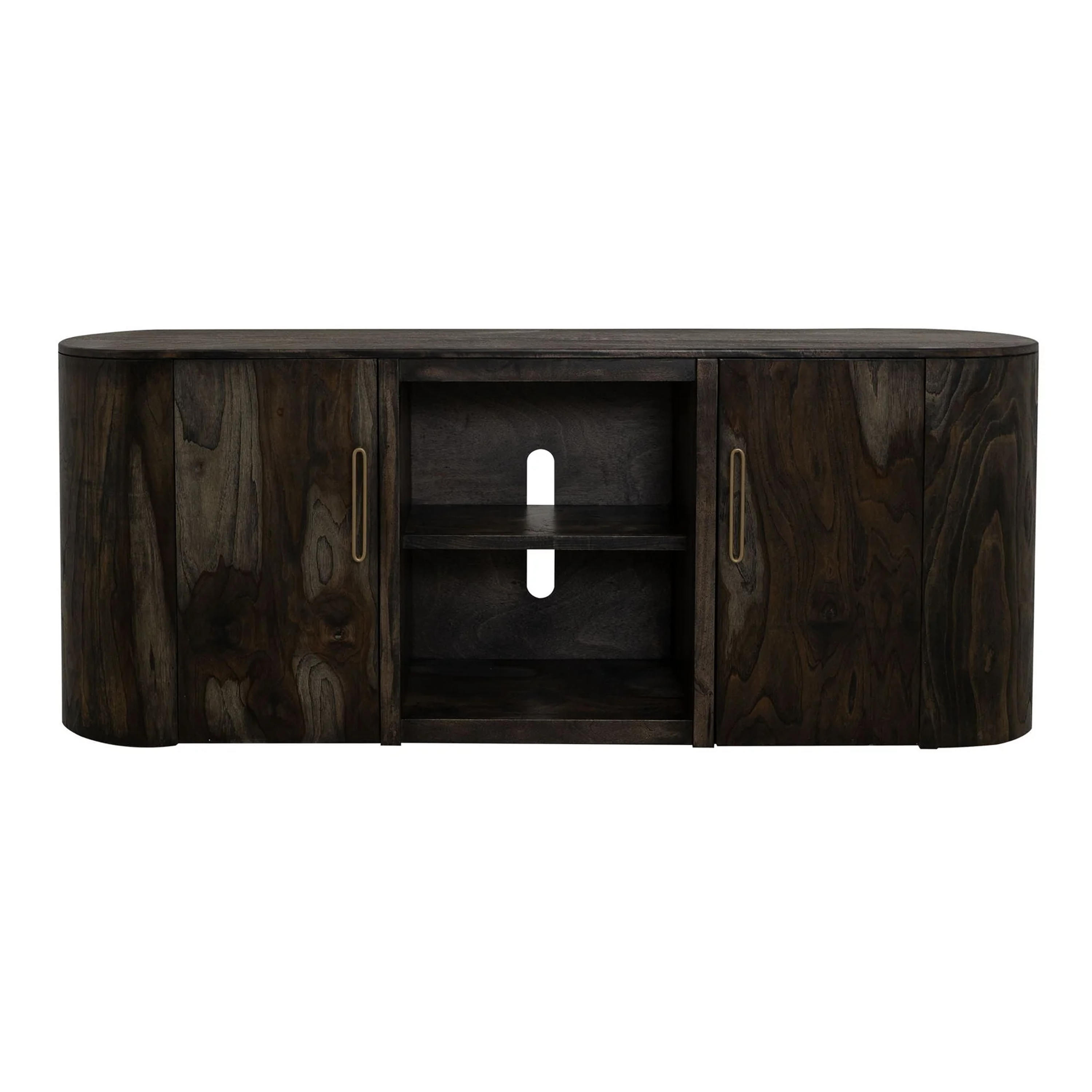 Balam 80-inch solid wood TV stand in oil black with two doors and center shelf