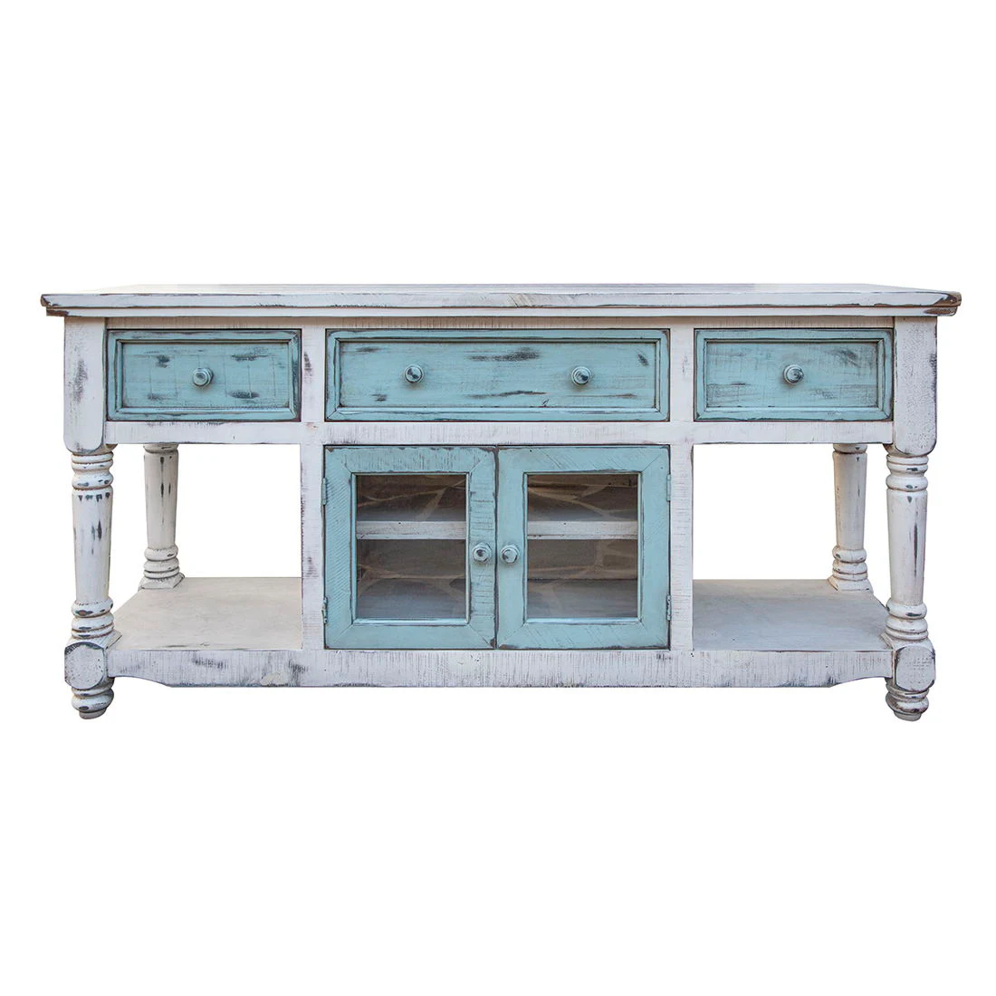 Aruba 70-inch TV stand in off white and sky blue with three drawers and two glass doors