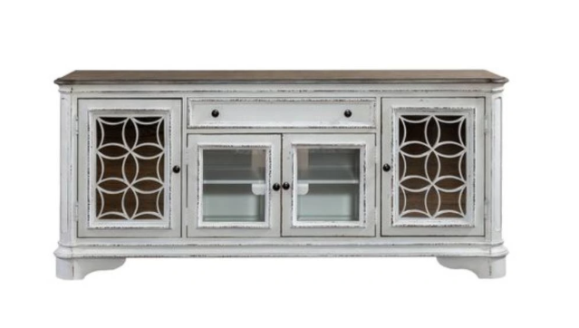 Magnolia Manor 74-inch traditional TV stand in weathered bisque with glass cabinet doors