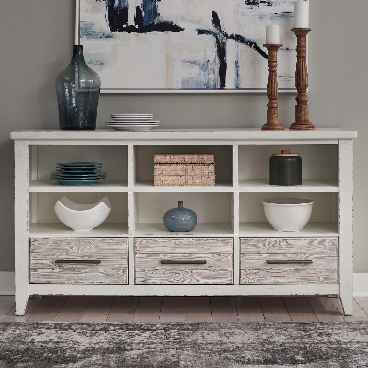 Server with White Finish, Burnished Bronze Hardware, Soft Closing Drawers