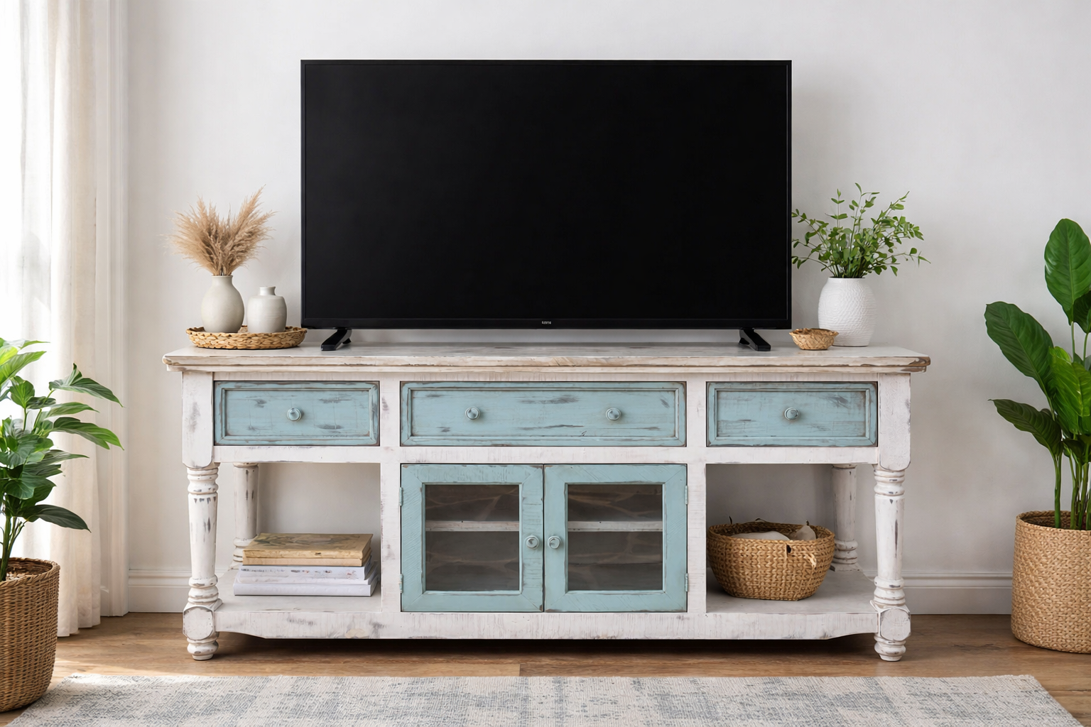 70-inch TV stand in off white and sky blue with drawers and glass doors in living room setting
