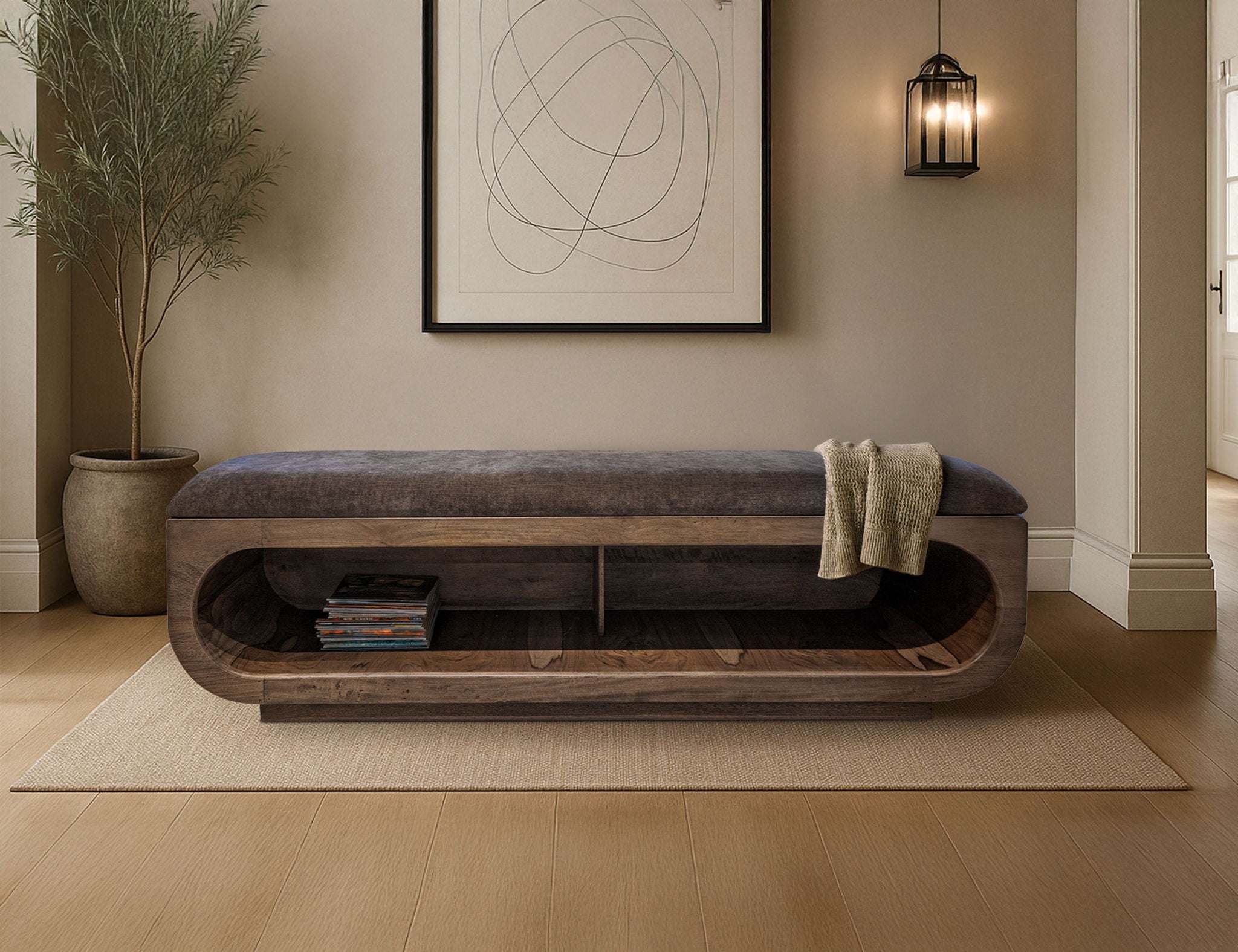 Balam Wooden Bench with Cushioned Seat