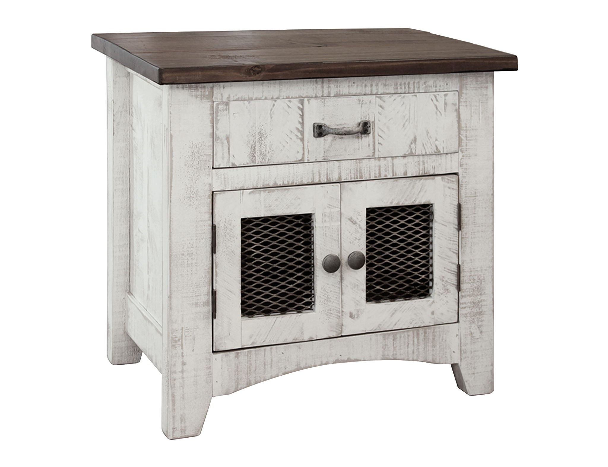 Pueblo Nightstand — Antiqued White 1 Drawer 2 Doors Nightstand