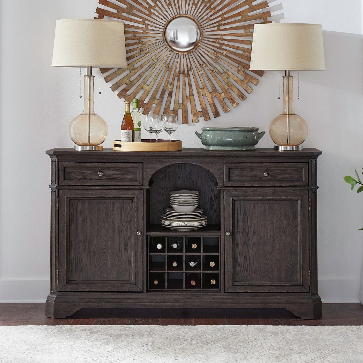Grant Park - Wine Buffet with Brown Finish, Soft Closing Drawers