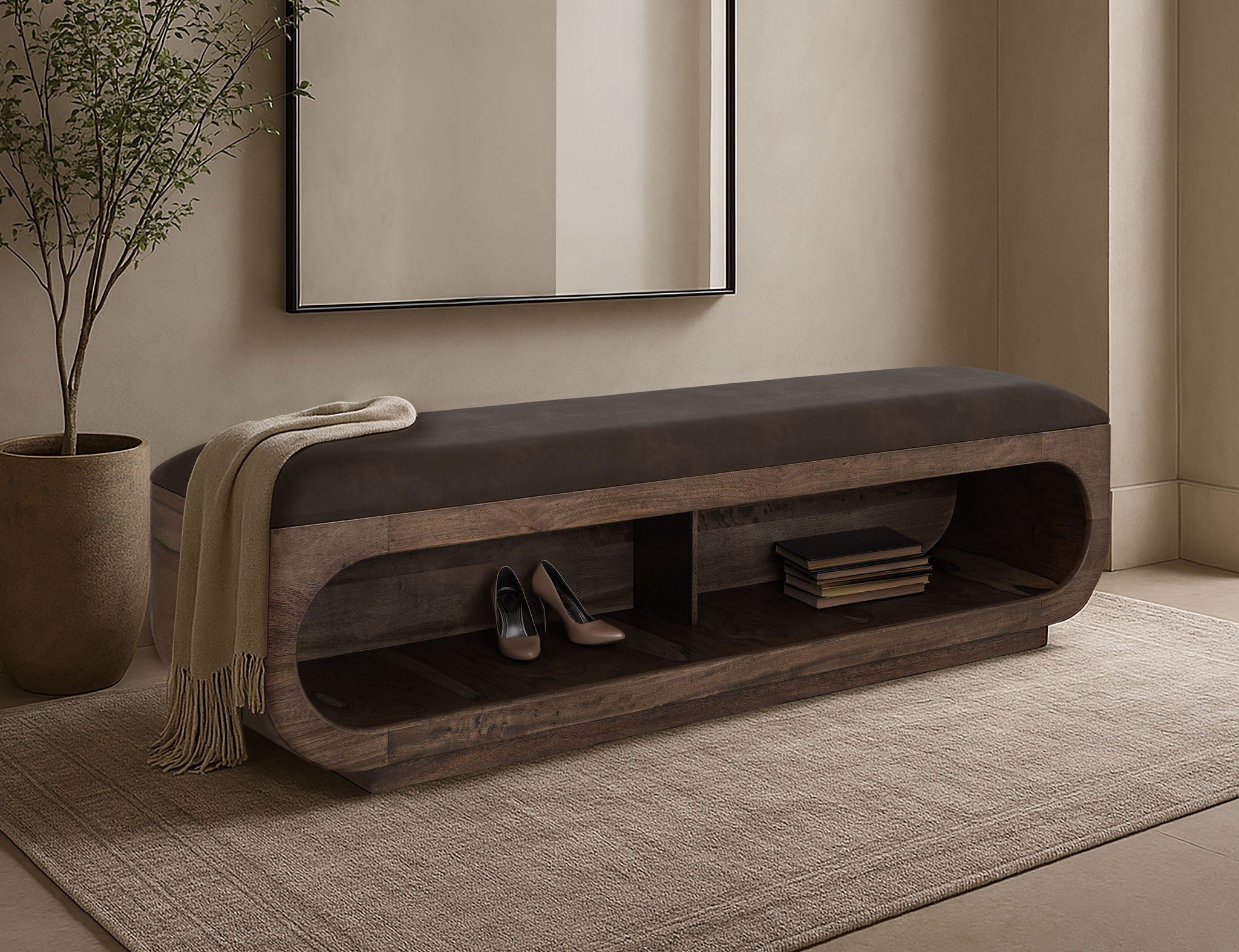 Balam Wooden Bench with Cushioned Seat