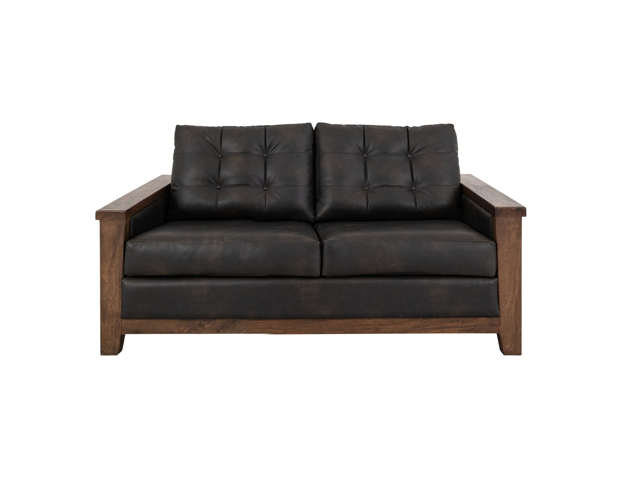 Walnut Loveseat in Licorice Black Faux Leather