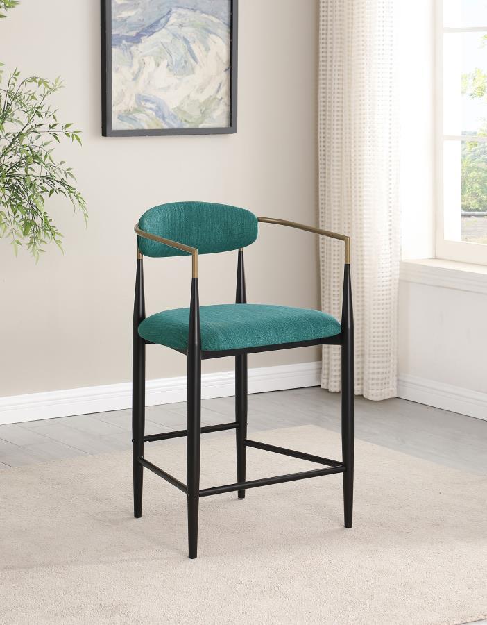 Set of 2 Green Upholstered Metal Counter Height Bar Stools