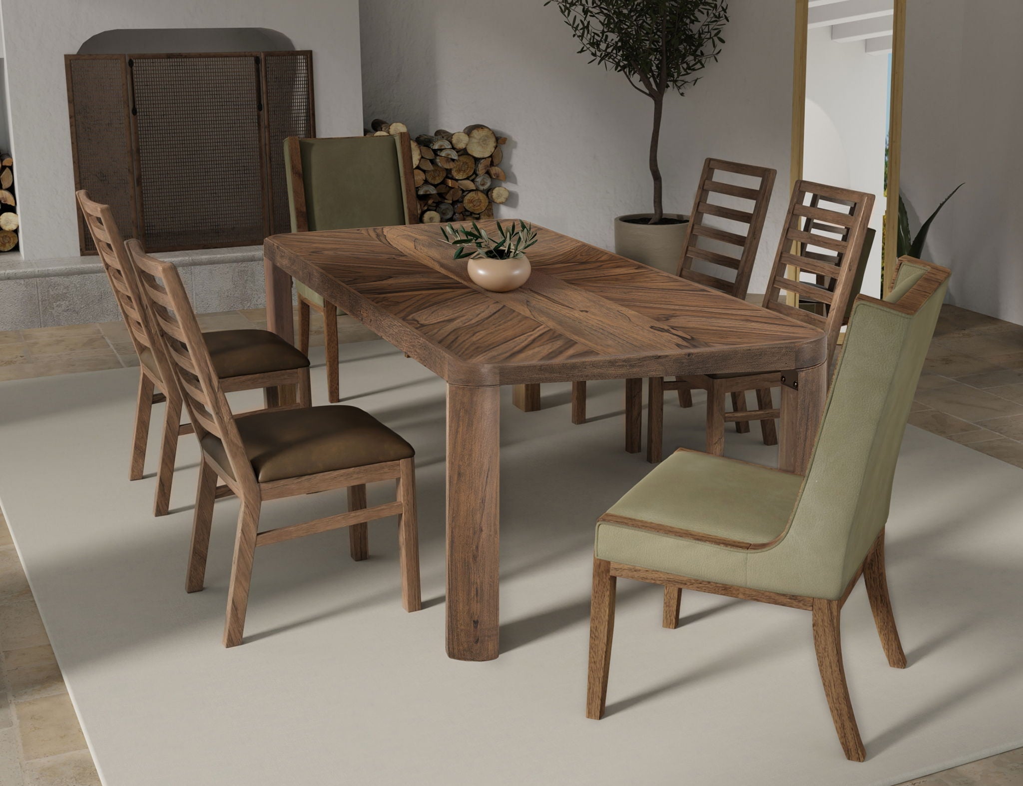 Balam Dining Table in Almond / Barrel Brown & Teak Wood