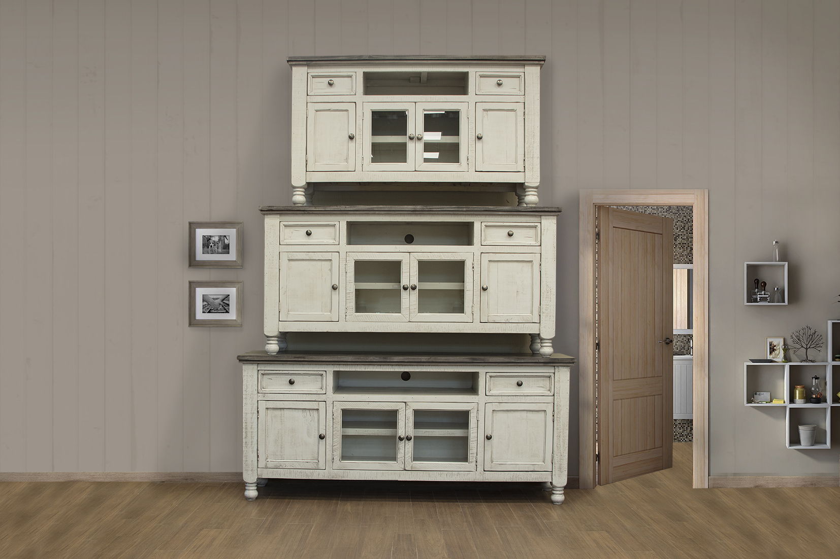 Stone TV Stand with 2 Drawers / 4 Doors – Antiqued Ivory