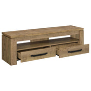 Angled view of 59-inch TV stand in mango finish showing drawers and shelf depth